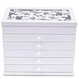Große Schmuckschatulle Schmuckbox mit 6 Ebenen, Nussbaum Holzwerkstoff Schmuckkästchen Schrank Display Organizer mit 5 Herausziehbaren Schubladen, für Ohrringe, Ringe, Halsketten, Armbänder (Weiß)