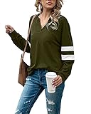 datasy Shirt Damen Langarmshirt Sweatshirt Oversize Langarm V-Ausschnitt Oberteile Herbst Sport Shirts für Damen Tshirt Basic mit Ringel Sportbekleidung Grün M