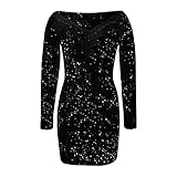 Kolylong® Damen Elegant Pailletten Kleid Langarm V-Ausschnitt Abendkleid Sexy Slim fit Partykleid Mode Spitzenkleid Bodycon Minikleid Shortkleid Kurz Ballkleid Festkleid für F