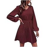 Uhoney Partykleider für Damen, modisches Temperament, V-Ausschnitt, einfarbig, langärmlig, schmales Winterkleid, wein, M