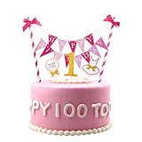Haosell 1. Geburtstag Kuchen Topper, Happy Birthday Geburtstags Kuchen Dekoration Kuchen Deckel Set, Mini Rosa Kuchen Bunting Banner und “1” Kuchen Topper für 1 Jahre Alten Mädchen Geburtstag