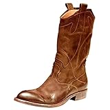 Pummb Halbhohe Stiefel Schwarz Damen Leder Cowboystiefel Westernstiefel Stickereien Biker Boots rutschfest boots Schlupfstiefel Retro-Stiefel Western Stiefeletten Leder R