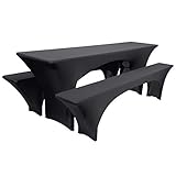 Beautissu Edles Strechhussen Set 3tlg. Victoria - Elastische Hussen für Bierzeltgarnitur 220x70 cm – Festliche Husse Biertisch + 2 Bierbank - Bierzeltgarnitur Hussen in Schw