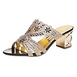 ✿✿Eaylis Damen Sandalen GroßFormatiger Strassstein Mit EIN Wort Dickem Absatz Sommer Strand Schuhe Hausschuhe Stilvoll Und Eleg