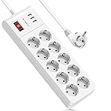 10-Fach Steckdosenleiste mit Schalter(10A / 2500 W) und 3 Smart USB Ports(3,1 A / 15,5 W), AUOPLUS USB Mehrfachsteckdose mit Überstromschutz und Wandmontage Design, 2m Kab