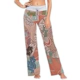 REFFW Comfy Casual Pyjama Hosen Kordelzug Lounge Hosen Breites Bein für Frauen, japanische abstrakte Kunst Blume Rundw