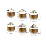 [6-Pack,250ml] Design•Master Hochwertiges doppelwandiges Isolierglas mit Henkel, Kaffee- oder Teeglasbecher, thermoisoliertes Glas, perfekt für Latte, Cappuccino, Americano, Tee und Getränk