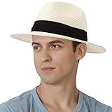 DRESHOW Herren Sommer Strand Sonnenhut Strohhut Fedora Hut breite Krempe Roll Up Cap Bucket Hat Fischerhut Boonie Hut Panama Hut UPF 30+, Strohfedora: Elfenbein, Einheitsgröß