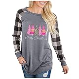Overdose Damen Tops Tunika Weihnachtsdruck T-Shirts Merry Christmas Casual Tee Pullover Xmas Loose Lange Ärmel Mode Tshirt Longshirts Oberteile Sweatshirts B