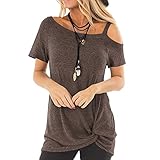 Buby Sexy Casual T-Shirt für Damen Sommer Kurzarm Kalte Schulter Rückenfrei Tunika Top Frauen Einfarbig Basic Baumwolle Leinen Schlanke Passform Mode Komfort Cool Diagonalkragen Shirts mit Knotenb