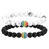 Flongo Partner Armbänder Energiearmband Energie LGBT Armband Regenbogen Streifen Gay Pride Schwul Homosexual Homosexuell Lava Türkis Stein Mala Kugel Perle Herren,Damen Accessoires 2 Stück S
