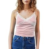 Damen Sexy Leibchen Camisole Spitze Oberteile Langarmshirt Spaghettiträger V-Ausschnitt Tanktop Shirt Slim T-Shirt Tops (B-Rosa, M)