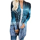Strickjacke Damen Weihnachtsbluse mit Weihnachtsbaum Druck Herbst Winter Leichter Mantel Knopflose Langarm Lang Elegant Cardigan Oberteile Mittellange lockere Jacke Oberbekleidung Xmas Long