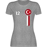 Fussball WM 2022 Fanartikel - 12. Mann Türkei Emblem - XL - Grau meliert - Nationalmannschaft - L191 - Tailliertes Tshirt für Damen und Frauen T-S