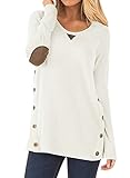 NICIAS Damen Seitliche Tasten Langarmshirt Pullover Lässige Rundhals Sweatshirt Ellenbogen Gepatcht Hemd Lose T Shirt Blusen Tunika Top(Weiss, XL)