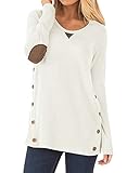 NICIAS Damen Seitliche Tasten Langarmshirt Pullover Lässige Rundhals Sweatshirt Ellenbogen Gepatcht Hemd Lose T Shirt Blusen Tunika Top(Weiss, XL)