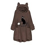 GOKOMO Pullover Damen Hoodie Katze Drucken Langarmshirt Sweatshirt Langärmeliges Warm Top Lässige Lose Tunika Bluse Shirt Oberteil Kleidung Kapuzenpullover(3XL,A-Kaffee)