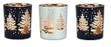 khevga Windlicht Weihnachten Winter aus Glas im Set Schwarz Weiß Gold Silber (Schwarz/Weiss/Gold, 3er Set)