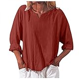 VESNIBA Damen-Bluse, V-Ausschnitt, langärmelig, Baumwollleinen, einfarbig, Pullover, Tops, Sommer, Frühling, Tunika, für Damen, Übergröße S-XXL, A17_Wine, M
