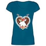 Kompatibel mit Oktoberfest Damen Trachtenshirt - Hirsch mit Blumen Oktoberfest - XXL - Türkis - Damen t-Shirt mit Hirsch - XO1525 - Damen T-Shirt mit V