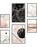 Heimlich® Premium Poster Set OHNE Bilderrahmen | Stilvolles Set mit passenden Bilder als Wohnzimmer Deko | 2 x DIN A3 & 4 x DIN A4 - ca. 30x42 & 21x30 | » Abstrakt Aquarell Gold II «