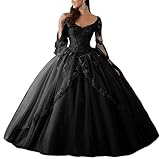 HUINI Ballkleider Lang Spitze Brautkleider Langarm Quinceanera Kleider Prinzessin V-Ausschnitt Hochzeitskleider Schwarz 46