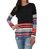 Damen Gestreiftes Langarm Sweatshirt T-Shirt Loses Top Übergroßes Sweatshirt Top Tunika Top Rundhals Lässiger Pullover Damen Herbst und Winter Baumwollunterhemd Slim Regular Fit C