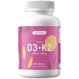 Nubiotic Vitamin D3 + K2 hochdosiert – 5000 IE D3 + 200 µg K2 MK7 – 180 Tabletten – Vorratspackung – optimales Verhältnis von D3 und K2