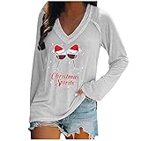 Eleganter Damen-Pullover mit langen Ärmeln, mit Weihnachtsdruck, modisch, langarm, mit V-Ausschnitt, Sport-Sweatshirt für Outdoor-Aktivitäten, Weiß, S