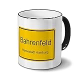 Städtetasse Bahrenfeld - Hansestadt Hamburg - Design Ortsschild - Stadt-Tasse, City-Mug, Becher Schw