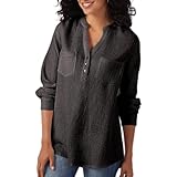 Xenwang Europäische und amerikanische Hemden Frühling und Herbst einfarbig V-Ausschnitt Tasche lose große Hemd Damen Casual einfarbig 3XL