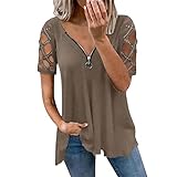 GFGHH Damen Mode Hot Diamond Reißverschluss V-Ausschnitt Volltonfarbe Kurzarm Top Hemdbluse Damenshirt Sommershirts Basic S