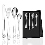 ALMAK Tiere Kinderbesteck Set Set 4-teilig Kinderbesteck Edelstahl,Besteck Kinder ab 3 Jahre,Taufe Geschenk individualisiert,Cromargan poliert,Konfigurieren Sie eine High-End-Geschirraufbewahrungsbox