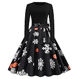 Weihnachtskleid Damen Sexy Lang Kleid Lange Ärmel Kleid Rundhals Weihnachten Kleid Kleid Herbst Damen Weihnachten Drucken Rockabilly Kleider Tunika Kleid Ballkleid Maxikleid F