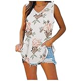 Damen Sexy Tanktop mit V Ausschnitt Oberteil mit Buntem Blumendruck Lässiges Sommer T-Shirt in Übergröße Elegante Retro Arbeit Tops Blusen H