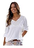 MOCEAL Damen Netzoberteil Sommertop Oberteile T-Shirt Casual Locker V-Ausschnitt Basic Shirt Kurzarm/Langarm Tops Elegant Bluse (Weiß, XXL)