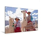 CALVENDO Premium Textil-Leinwand 120 cm x 80 cm quer Frau und Mädchen mit Lama und Alpaka | Wandbild, Bild auf Keilrahmen, Fertigbild auf echter Leinwand. Maca, Colca Canyon, Peru Orte O