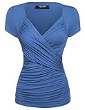 Zeagoo Damen Sommer Sexy T-Shirt V-Ausschnitt Kurzarm Tunika Shirt mit Falten Blusen Oberteile, 1_blau, S