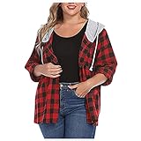 MRURIC Damen Karierte Hemd Strickjacke Kapuzenjacke Workout Shirt Einreihige Bluse Langarm Club Tops Baggy Outwear Revers Oberteile Frauen Herb