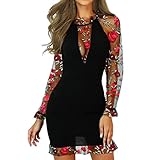 Xmiral Damen Minikleid Spitzennähte Glamouröses Kleid Blume Lace Bodycon Tiefer V-Ausschnitt Langarm Party Kleid (Schwarz, XL)