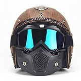 MRDEAR Jet-Helme Männer, Vintage Motorrad Roller-Helm Motorradhelm Retro Handgemachtes Braun PU-Leder Mofa-Helm Scooter-Helm Roller Chopper Vespa mit Visier Brille Maske,L