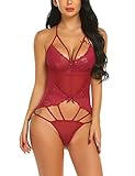 ADOME Damen Sexy Bodys Negligee Spitze Babydoll Push-up Nachtwäsche Erotik Dessous Set Unterwäsche Lingerie Bademantel Nachthemd Transparente Reizwäsche (Large, Weinrot)