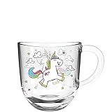 Leonardo Bambini Glas-Tasse, Kinder-Becher aus Glas mit Tier-Motiv, spülmaschinengeeignete Tee-Tasse, Einhorn bunt rosa blau 1 Stück, 280 ml, 022902