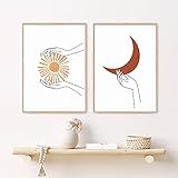 PGMZQHGF Abstrakte Himmelslinie Wandkunst Leinwand Malerei Terrakotta Sonne Mond Sterne Minimalistische Hände halten Zeichnung Poster Boho Drucke | 30x45cmx2 Kein R