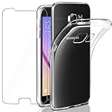 LeathLux Samsung Galaxy S6 Hülle + Panzerglas, Samsung S6 Durchsichtig Case Transparent Silikon TPU Schutzhülle Premium 9H Gehärtetes Glas für Samsung Galaxy S6 G920