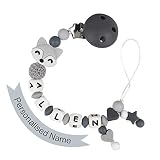 MCGMITT Schnullerkette mit Namen Junge Schnuller Clip Personalisierte Silikon Perlen Beißring Zahnen BPA Frei für Babys Fuchs (Grau)