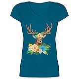Kompatibel mit Oktoberfest Damen Trachtenshirt - Hirsch mit Blumen - L - Türkis - Geschenk - XO1525 - Damen T-Shirt mit V