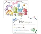 Einladungskarten Kindergeburtstag 12er Set mit Dinos - Geburtstagseinladungen für Mädchen und Jungen bis 10 Jahre – allgemeine Einladung Karte, ideal für die Party zur Einschulung und Geburtstag