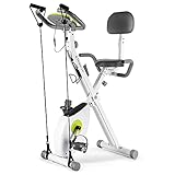 FitnessClub Fitnessbike Heimtrainer Klappbar, X-bike Fitnessfahrrad mit Rückenlehne, Höhenverstellbar, 8 magnetische Widerstandseinstellungen, Handpulsmessung und LCD Monitor, inkl. Spannung