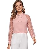 DIDK Damen Blusen Stehkragen Chiffonbluse Oberteil Tunika Netz Ärmel mit Schleife Langarm Bluse Shirts Elegant Tops Basic Hemd Pink S